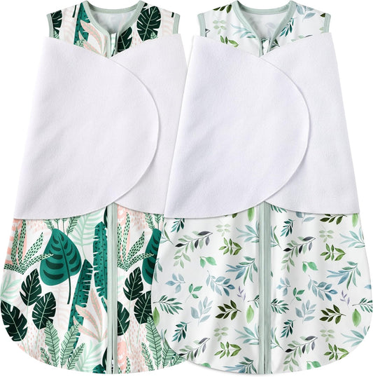 Newborn Sleep Sack Baby Swaddle,0-3 Months,3-Way Adjustable Wearable Blanket,100% Rayon Cotton Swaddling Sleeping Bag，TOG 0.5（Banana&Leaf）