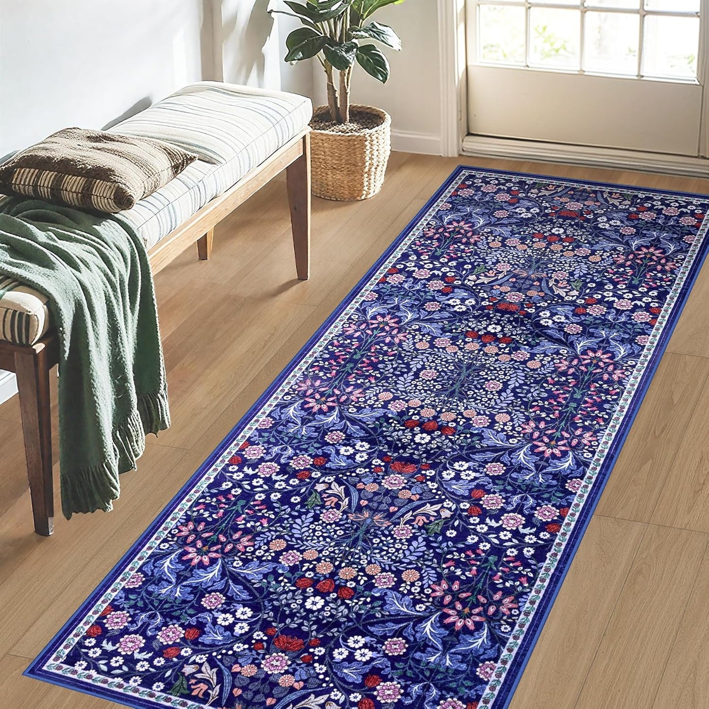 Runner Rug for Entryway: 2x6 Kitchen Rugs Non Slip Washable Ultra-Thin Soft Floral Carpet Indoor Floor Stain Resistant Carpets for Hallway Bedroom Kitchen Laundry Bathroom Dorm Blue
