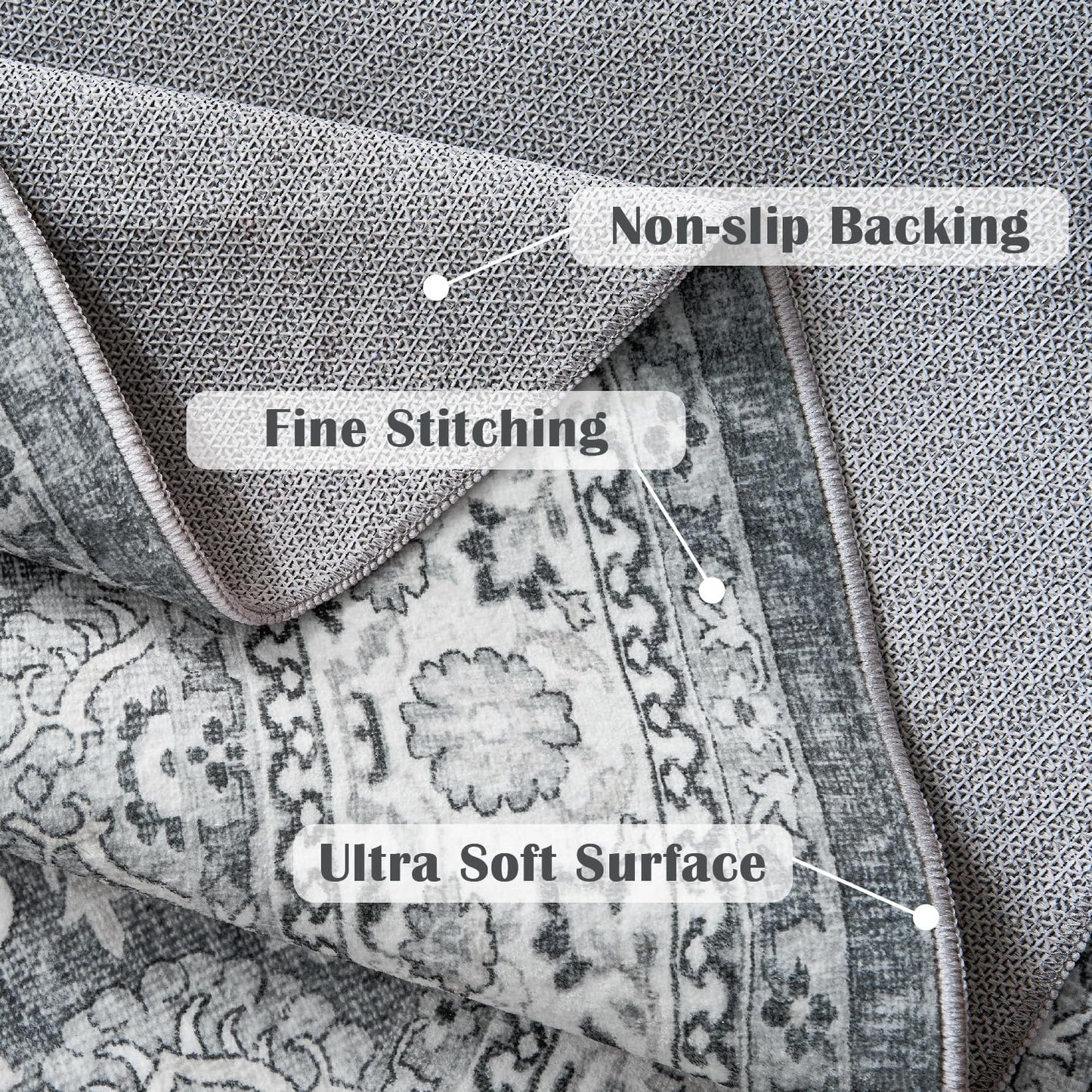 jinchan Round Rug 6ft Washable Circle Soft Rug - Low Pile Vintage 6'Round Indoor Grey Floral Print Stain Resistant Boho Carpet Ultra-Thin Non-Slip for Living Room Nursery Bedroom Dining Room Kitchen