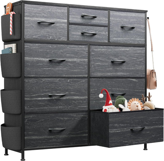 WLIVE Dresser for Bedroom with 10 Drawers, Fabric Dresser Chest of Drawers with Side Pockets and Hooks, Sturdy Metal Frame, Drawers Organizer Unit for Room, Hallway, Charcoal Black Wood Grain Print