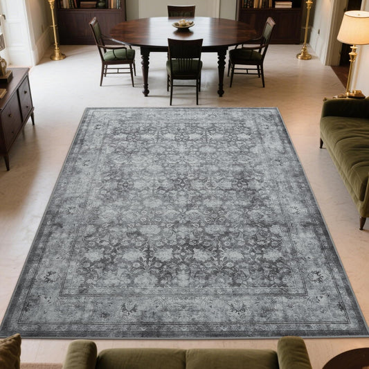 Large 8x10 Washable Area Rug for Living Room, Non Slip Vintage Traditional Rugs for Bedroom, Indoor Thin Accent Floral Nursery Carpet for Dining Room, Farmhouse (Distressed Grey)