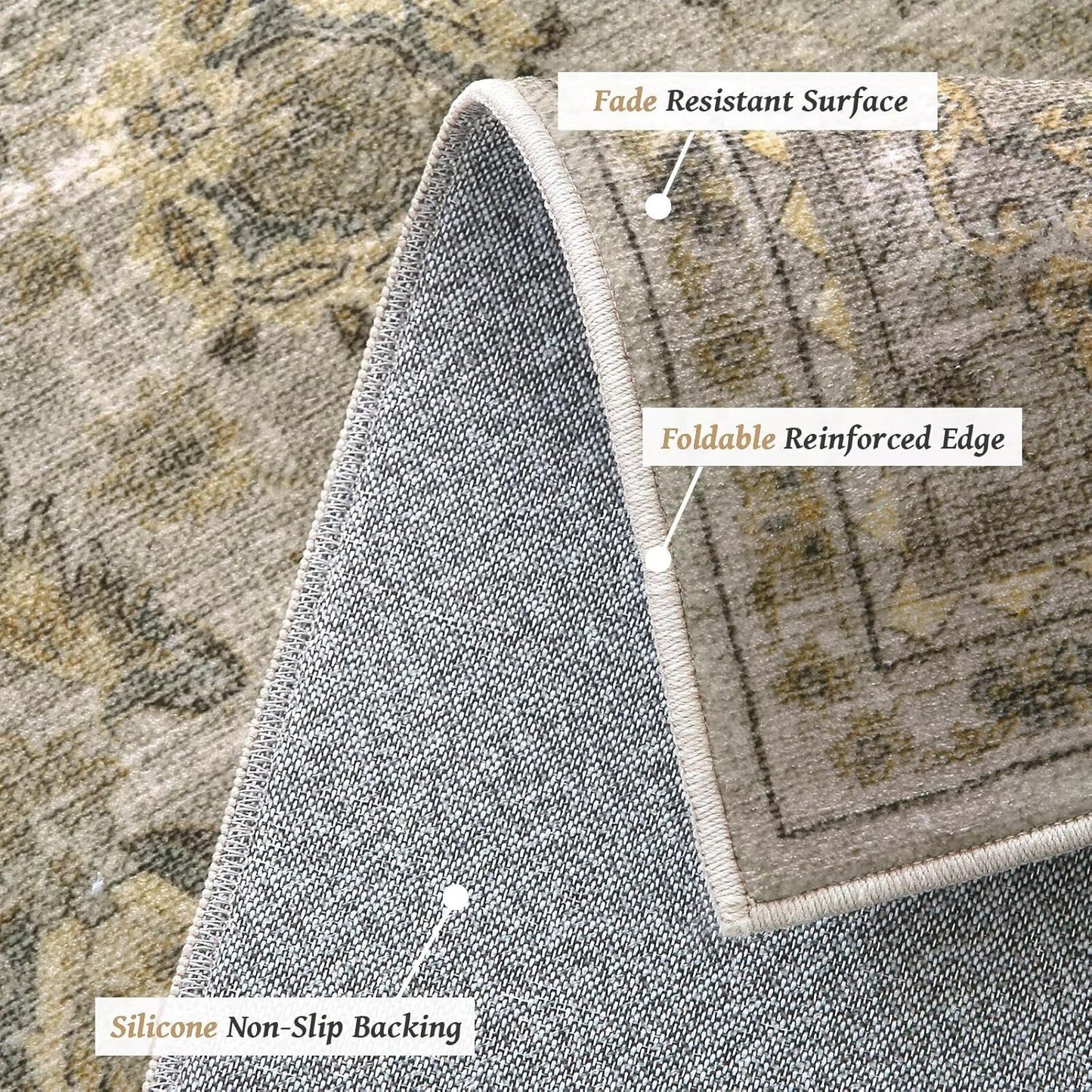 Washable 9x12 Area Rugs for Living Room, Boho Non-Slip Silicone Backing Rugs for Bedroom Dining Room Nursery Office, 0.3" Neutral Oriental Throw Carpet with 0.16" Cushioning Pad, Light Brown/Multi
