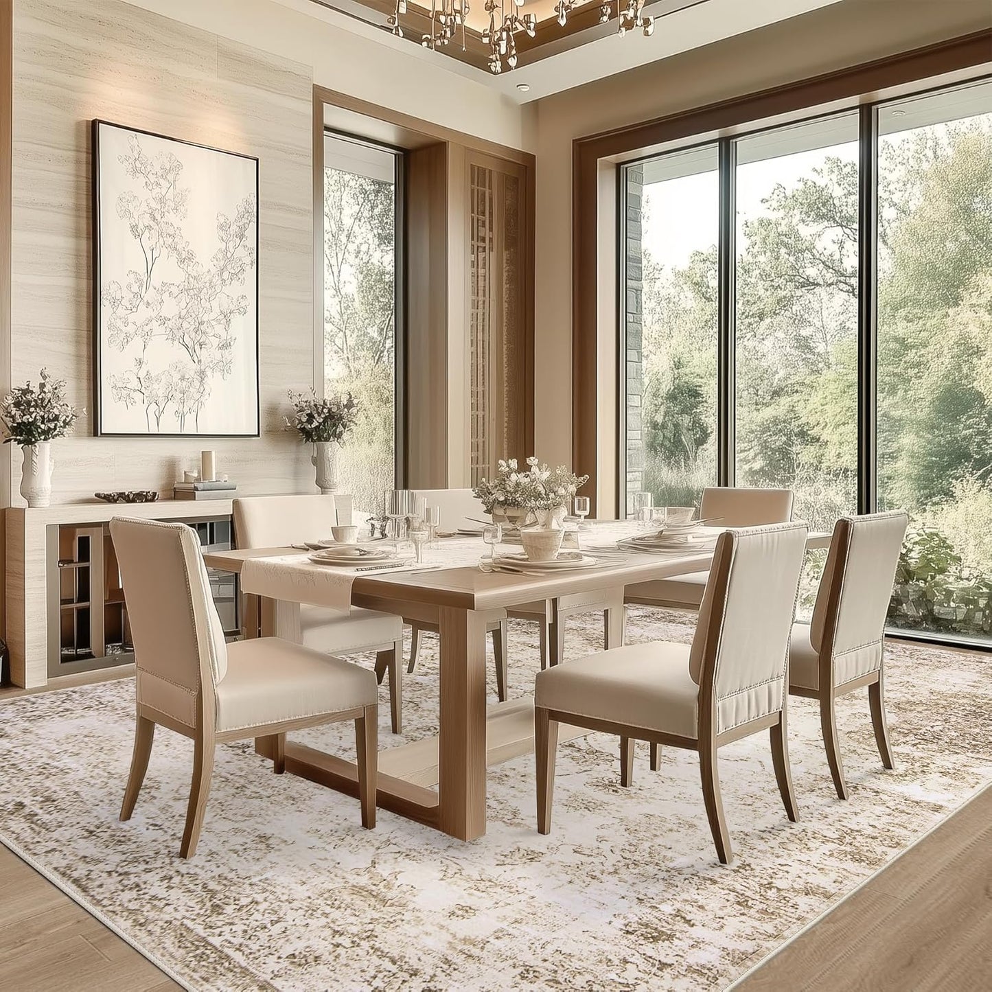 5x7 Area Rug Living Room Rugs - Washable Rug Large Modern Abstract Soft Thin Carpets Indoor Floor No Slip Vintage Carpet for Bedroom Under Dining Table Nursery Home Office Decor Beige