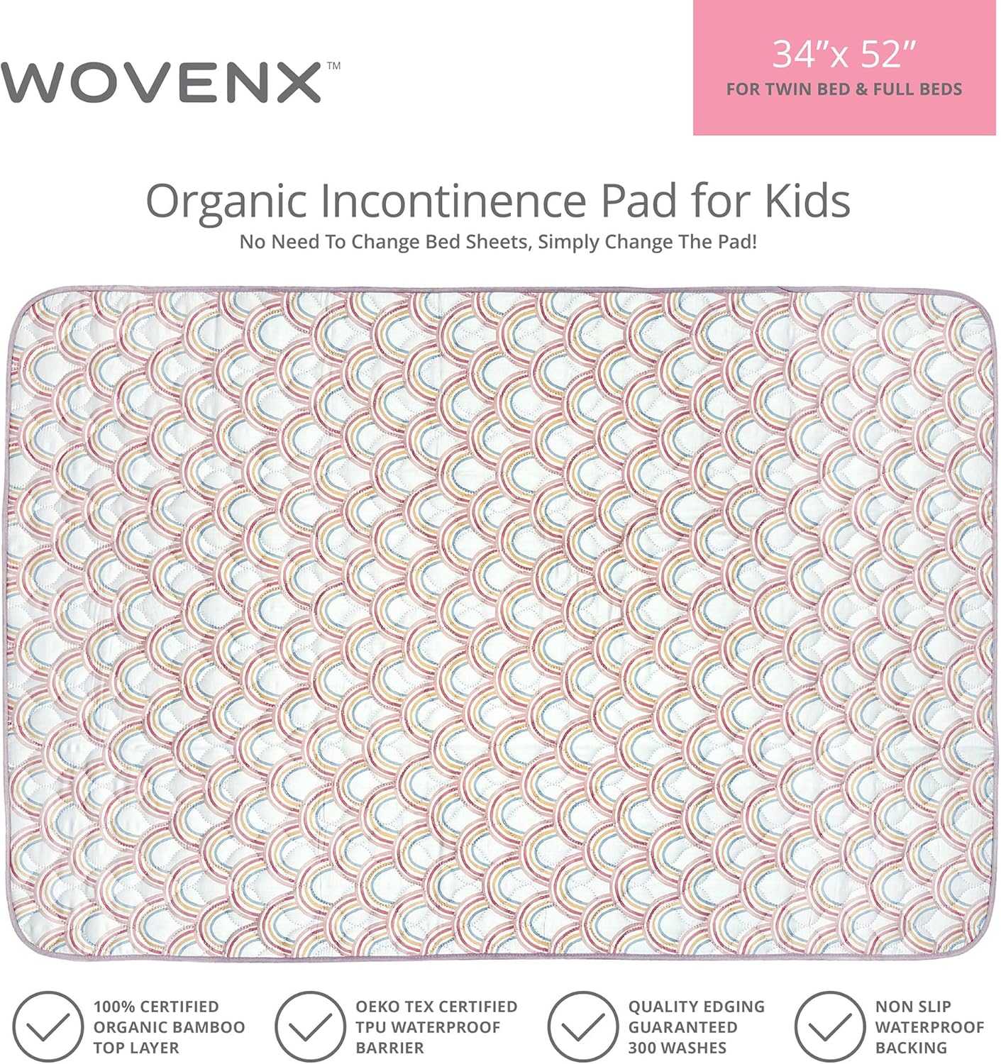 Organic Incontinence Pads for Kids & Toddlers - 5 Layer Waterproof Protectors for Overnight Bed Wetting - Reusable & Washable Pee Pads - Fits Twin to Full Size Beds - 34" x 52" Rainbow