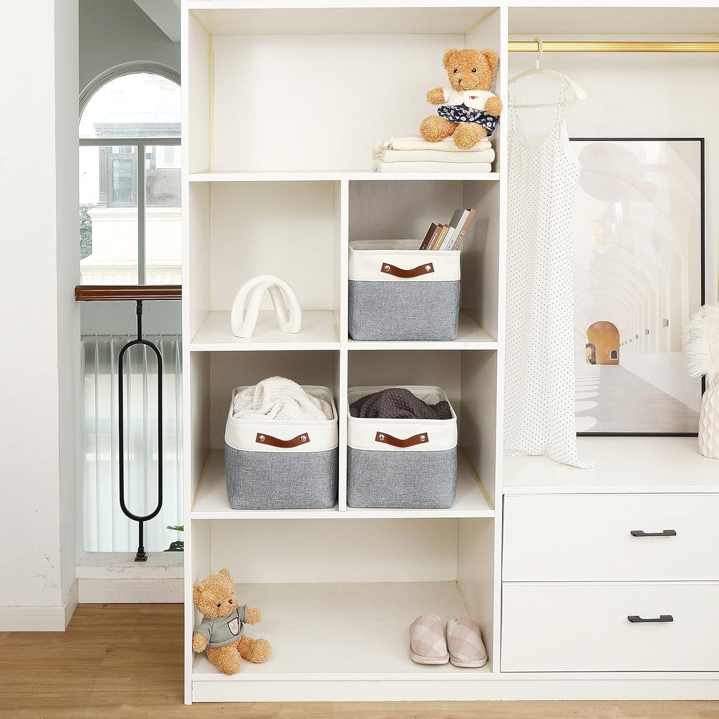 OrganiHaus Large Fabric Storage Baskets for Shelves 3 Pack, 15x11in Closet Storage Bins for Shelves, Cloth Baskets for Organizing, Linen Closet Organizers, Fabric Basket, Gray/White