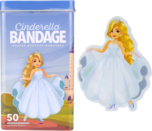 BioSwiss Bandages, Princess Cinderella Shaped Self Adhesive Bandage, Latex Free Sterile Wound Care, Fun First Aid Kit Supplies for Kids and Adults, 50 Count