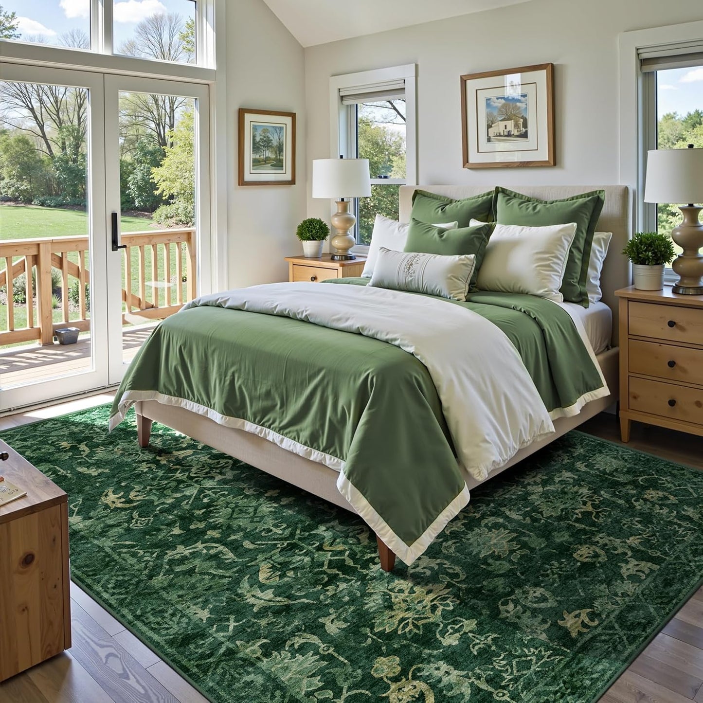 Deerly Dark Green Area Rugs 10x12 for Living Room Soft Non-Slip, Large Bedroom Rug Vintage Dining Room Rug Tribal Farmhouse Carpet for Dining Room Office Green