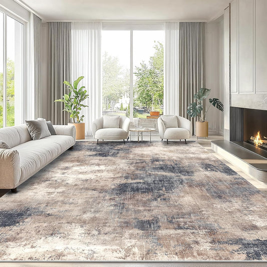 AMADA HOMEFURNISHING 9x12 Large Area Rug, Modern Abstract Living Room Rug with Non-Slip Backing & Short Pile, Washable Rug with Abstract Pattern for Living Room, Bedroom and Dinning Room, Brown