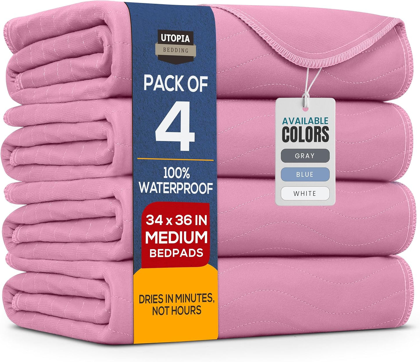 Utopia Bedding Washable Underpads 34" x 36" (Pack of 4), Waterproof Reusable Heavy Absorbency Incontinence Bed Pads for Adults, Kids, Elderly and Pets, Bedwetting Pads for Sofa and Couch (Pink)