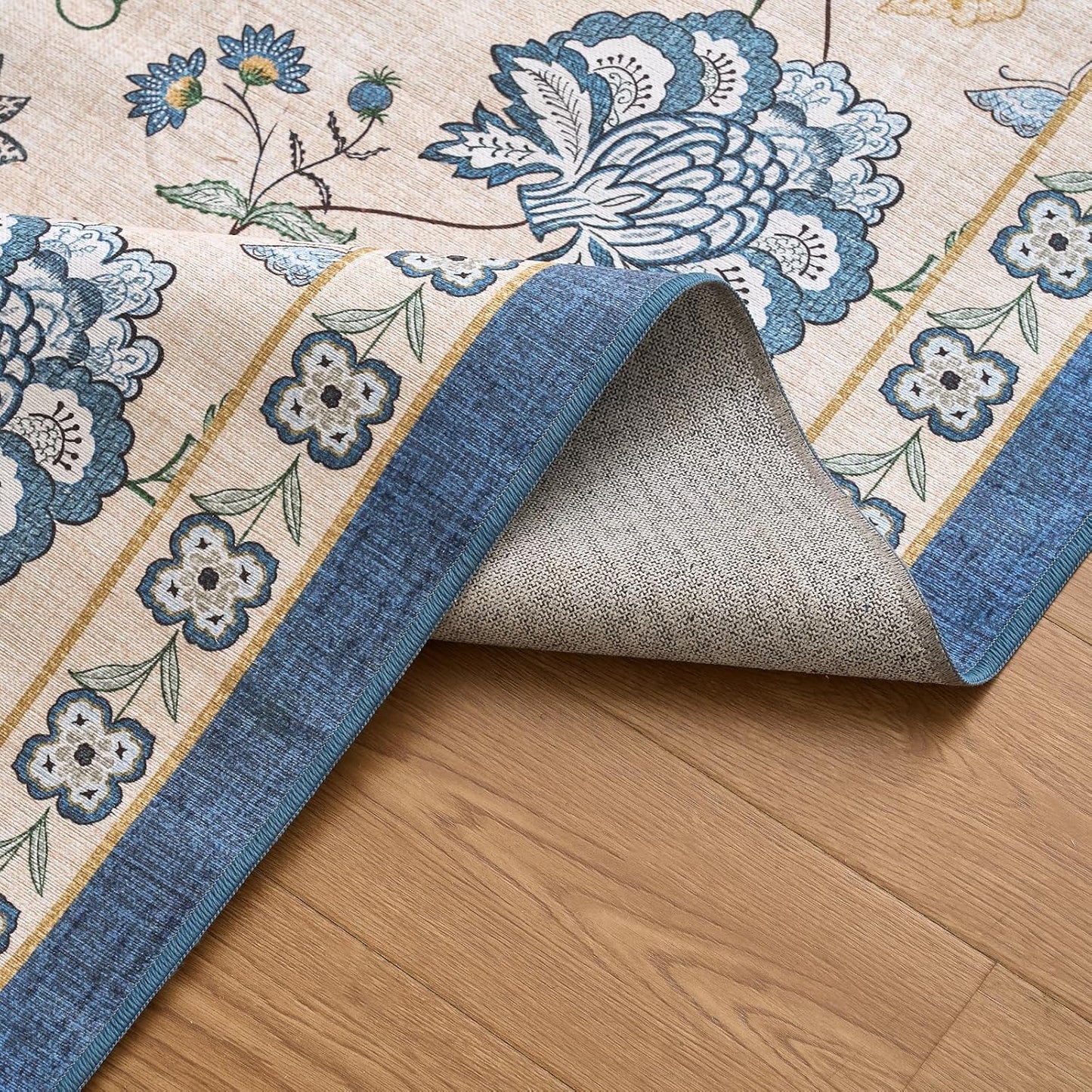 jinchan 4ft Floral Round Rug for Entryway Washable Kitchen Rug Vintage Romance Design Non Slip Indoor Doormat Lightweight Low-Profile Throw Carpet for Living Room Dining Room Bedroom, Blue/Beige