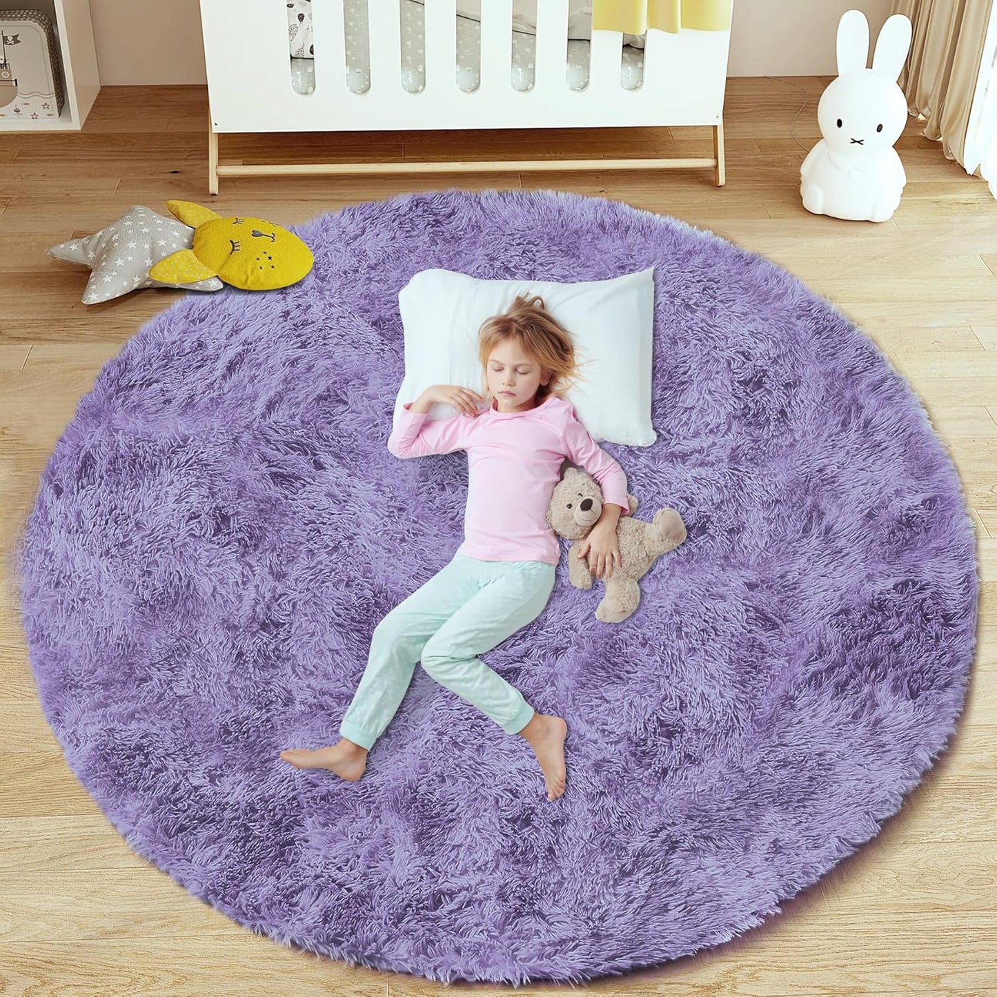 4FT Round Rug for Bedroom: Fluffy Shag Soft Washable Rugs Circle Small Fuzzy Plush Indoor Carpet for Living Room Nursery Playroom Dorm Kids Girls Boys Room (Purple, 4'x4')