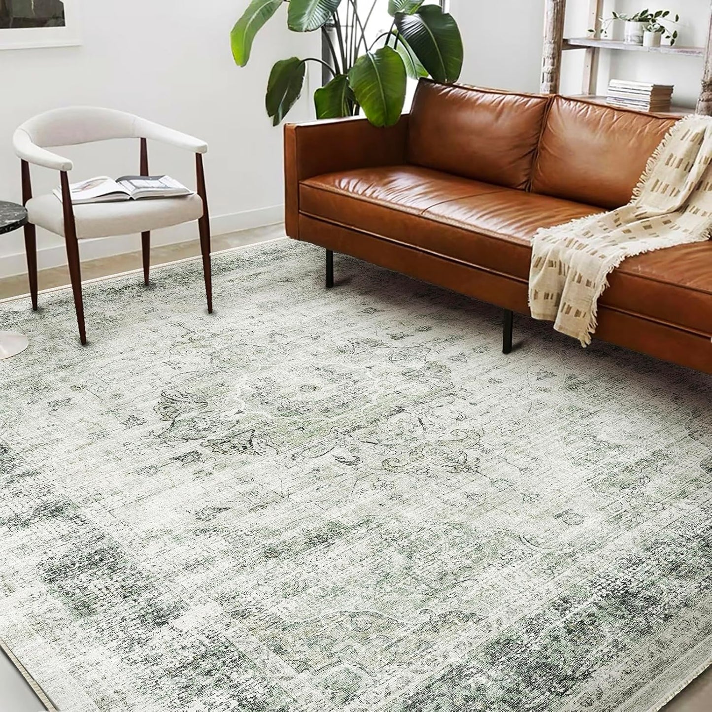 Washable Area Rug 9'x12' Retro Floral Green Boho Design Non-Shedding Easy Care Ideal for High Traffic Areas in Living Room Bedroom Office Coffee Table Kitchen Large Carpet
