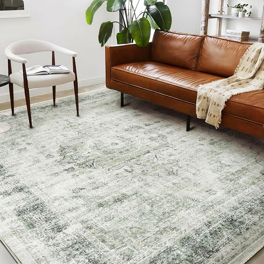 Area Rug 6'x9' Washable Floral Green Vintage Traditional Floor Cover Thin Retro Kitchen Indoor Distressed Non Slip Carpet for Living Room Bedroom Dining Room