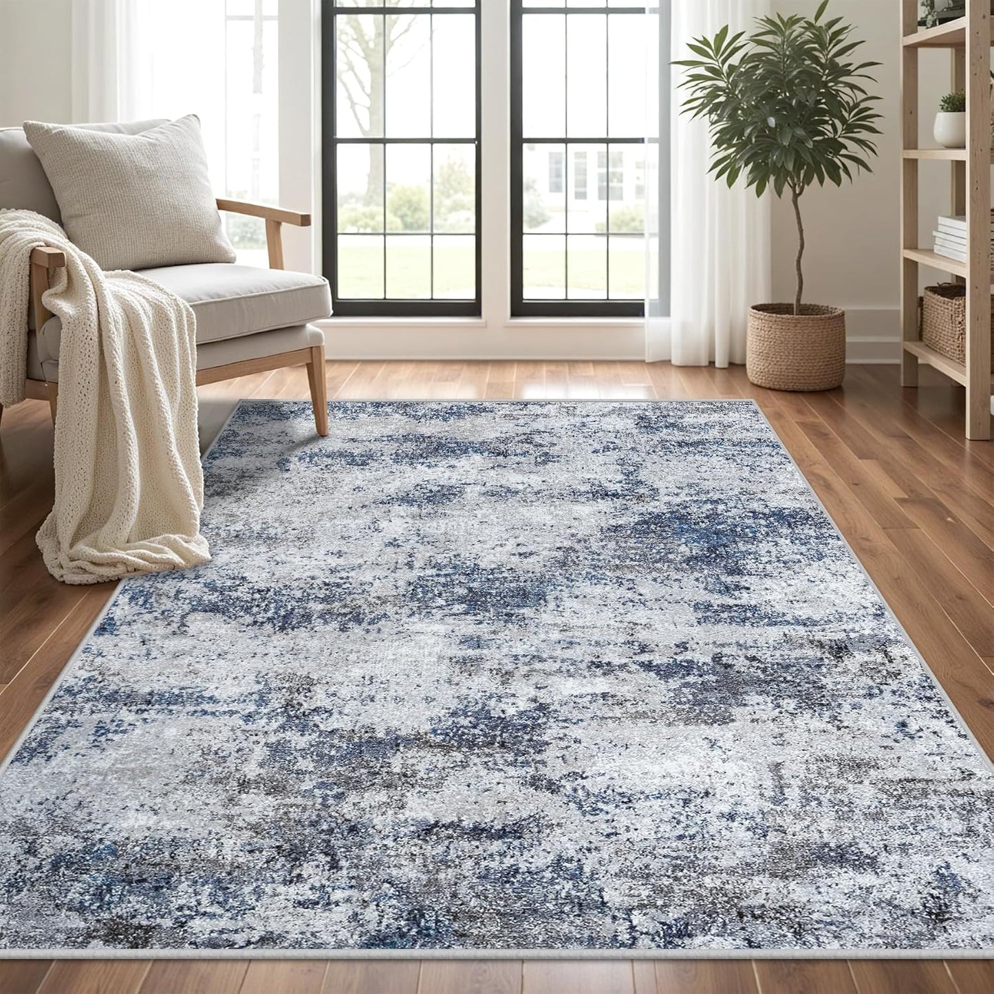Area Rug Living Room Rugs: 5x7 Abstract Washable Rugs Ultra Soft Carpets with Non-Slip Backing Stain Resistant Carpet for Dining Room Table Bedroom Nursery Indoor Home Office Blue/Gray/Black