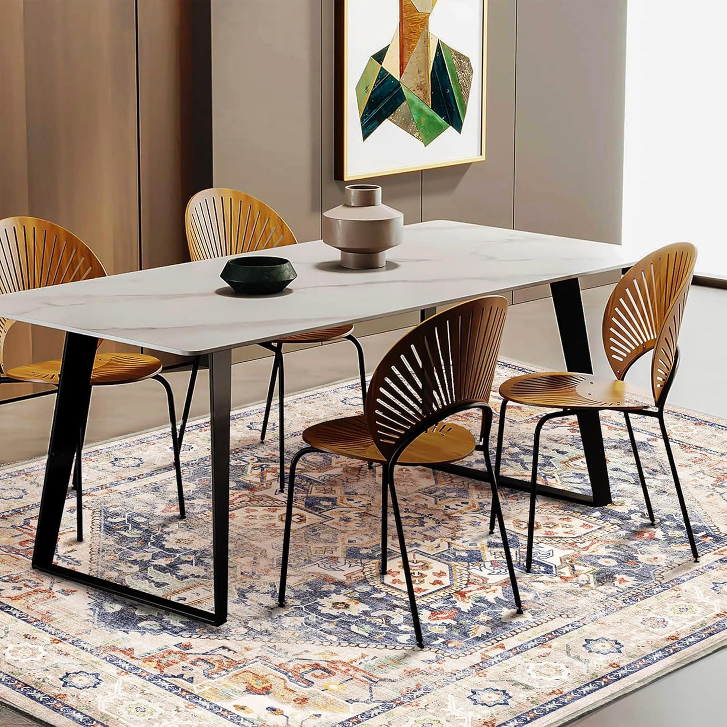 3'x5' Blue Khaki Vintage Washable Thin Area Rug Traditional Floor Cover Foldable Indoor Distressed Non Slip Carpet Floral Print Mat for Bedroom Living Room Bathroom