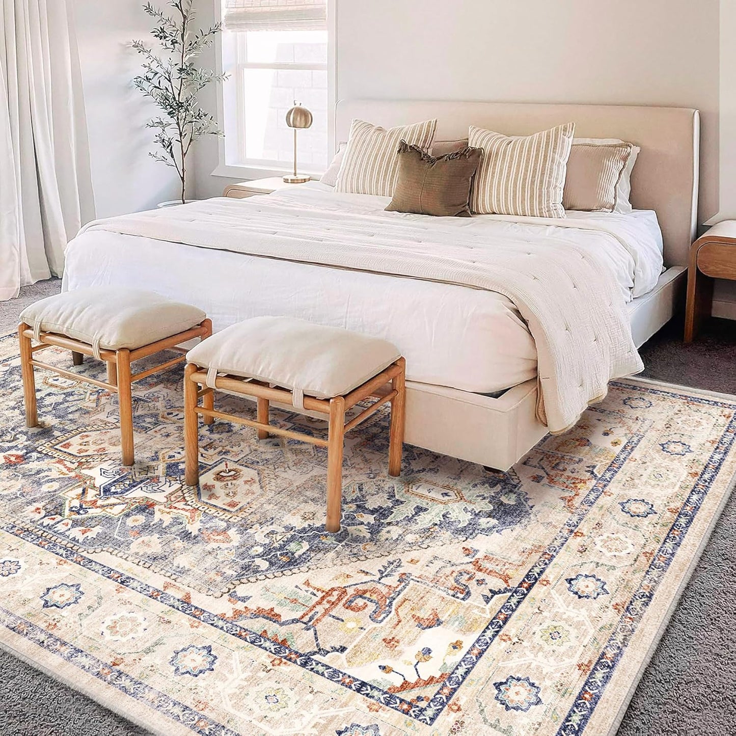 Area Rug 5'x7' Blue Khaki Washable Vintage Traditional Floor Cover Thin Retro Kitchen Indoor Distressed Non Slip Carpet Floral Print Mat for Living Room Bedroom Dining Room