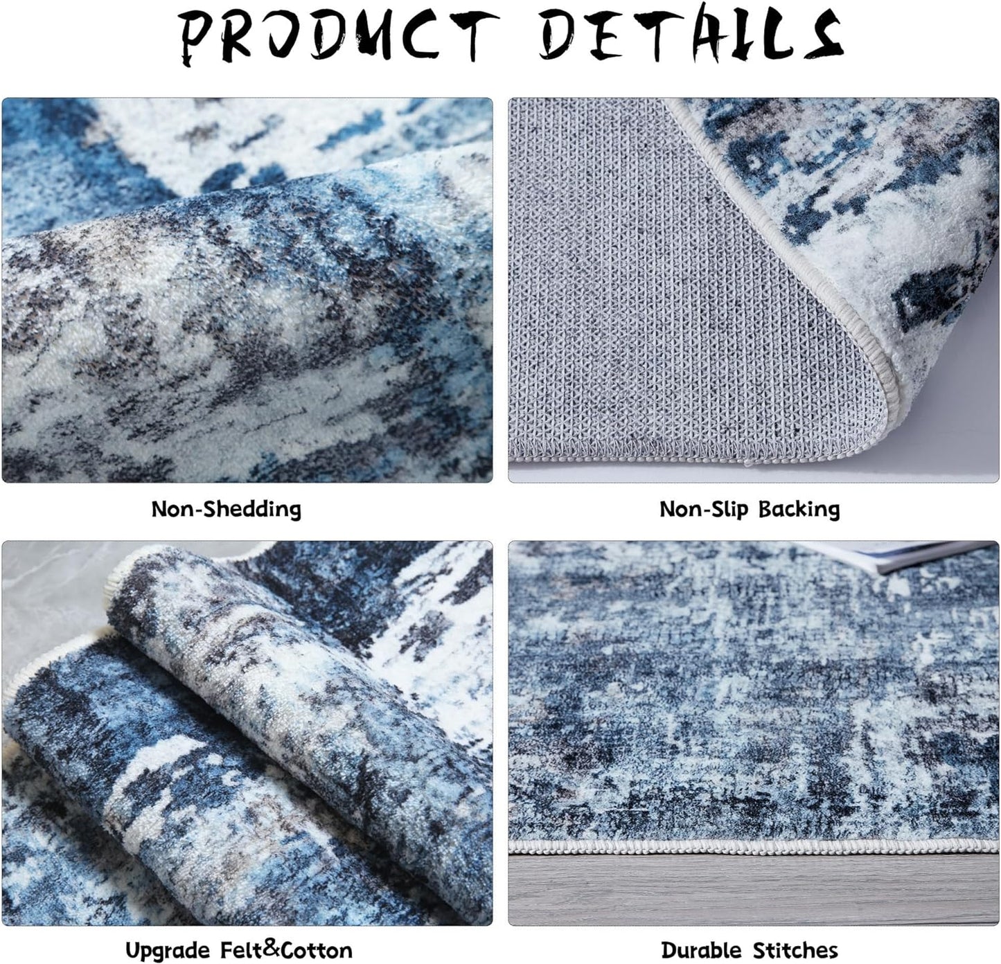 Area Rug 5x7 Washable Rug Boho Soft Abstract Pattern Non-Slip Non-Shedding Faux Wool Vintage for Living Room, Bedroom, Farmhouse, Dining Room, Indoor, Kids Playroom, Blue