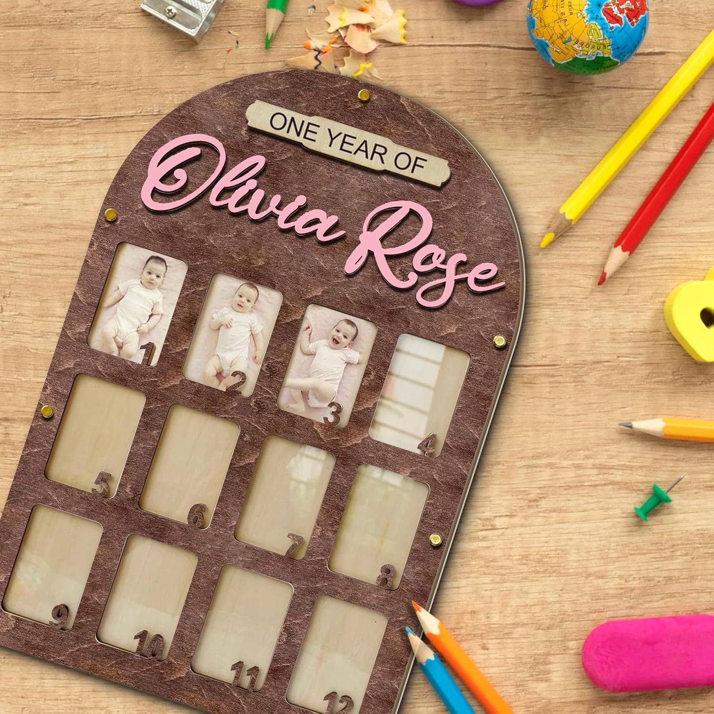 V-DECORPARKS Personalized My First Year Photo Frame | 12 Months Picture Frame For Baby First Year | Displays Twelve 2x3 Pictures | Birthday Party Decor Newborn Memory Keepsake, Style MP4