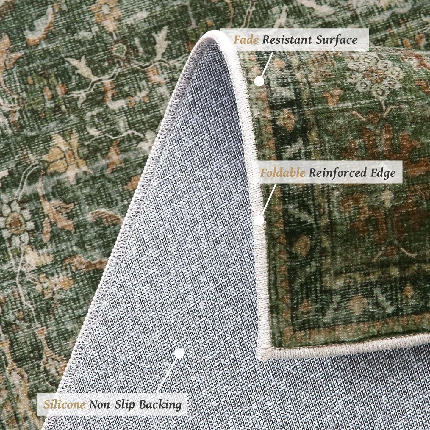 Washable 5x7 Area Rugs for Living Room, Boho Non-Slip Silicone Backing Rugs for Bedroom Dining Room Nursery Office, 0.3" Neutral Oriental Throw Carpet with 0.16" Cushioning Pad, Grass Green/Multi