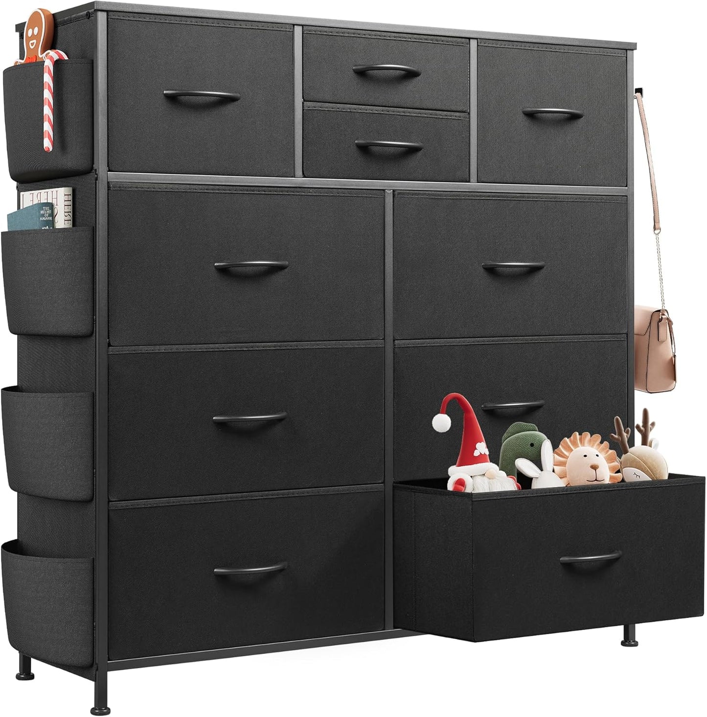 WLIVE Dresser for Bedroom with 10 Drawers, Fabric Dresser Chest of Drawers with Side Pockets and Hooks, Sturdy Metal Frame, Drawers Organizer Unit for Living Room, Hallway, Black