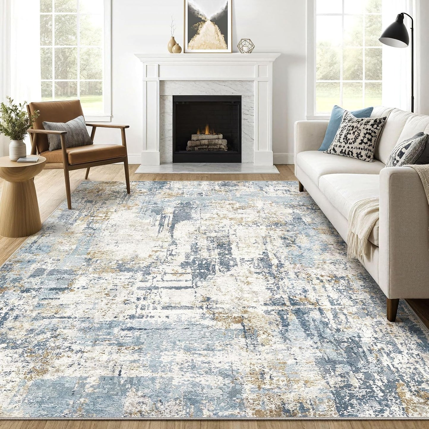 9x12 Area Rug Living Room: Washable Large Abstract Modern Soft Stain Resistant Indoor Floor Rugs Non Slip Accent Carpet for Bedroom Nursery Playroom Office Dining Room Dorm Home House- Blue
