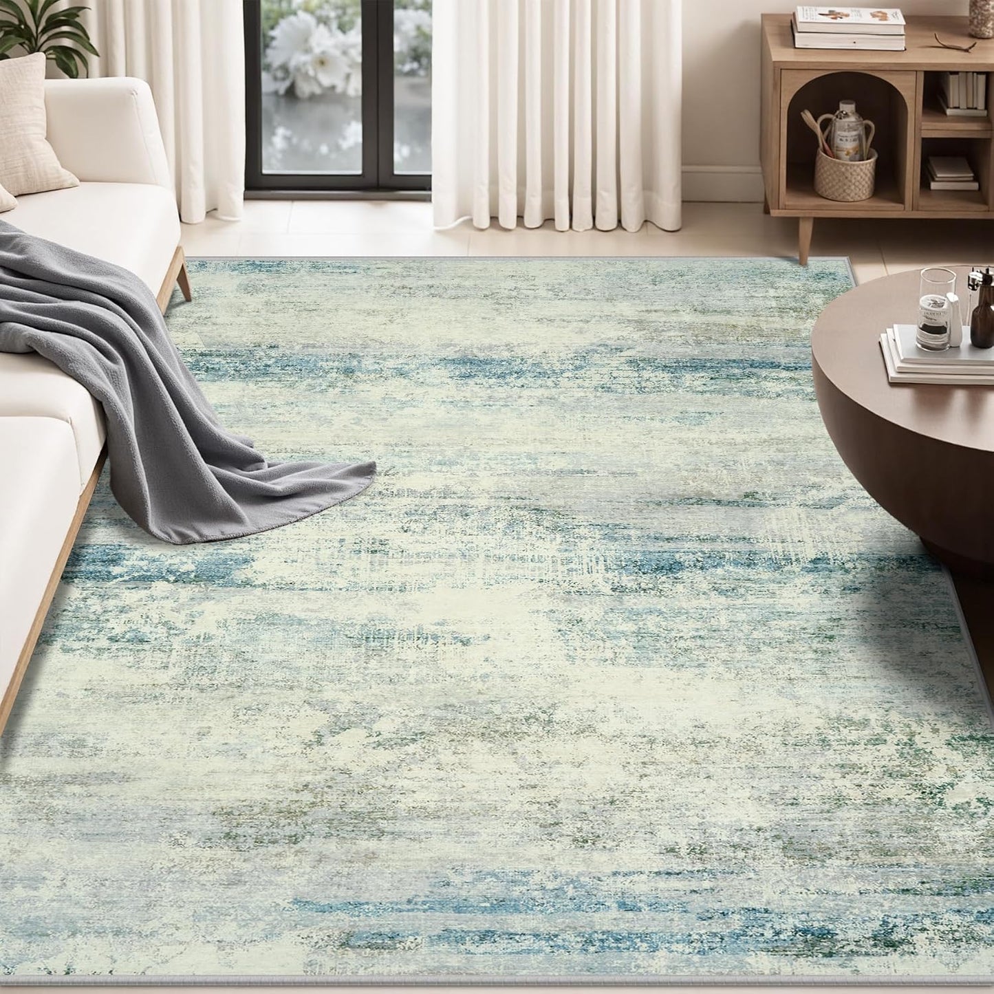 Washable Rug 6x9 Area Rugs, Abstract Large Living Room Rugs with Non-Slip Backing, Thin Carpet for Dorm Dining Room Table Nursery Indoor Home Office -Blue/Gray