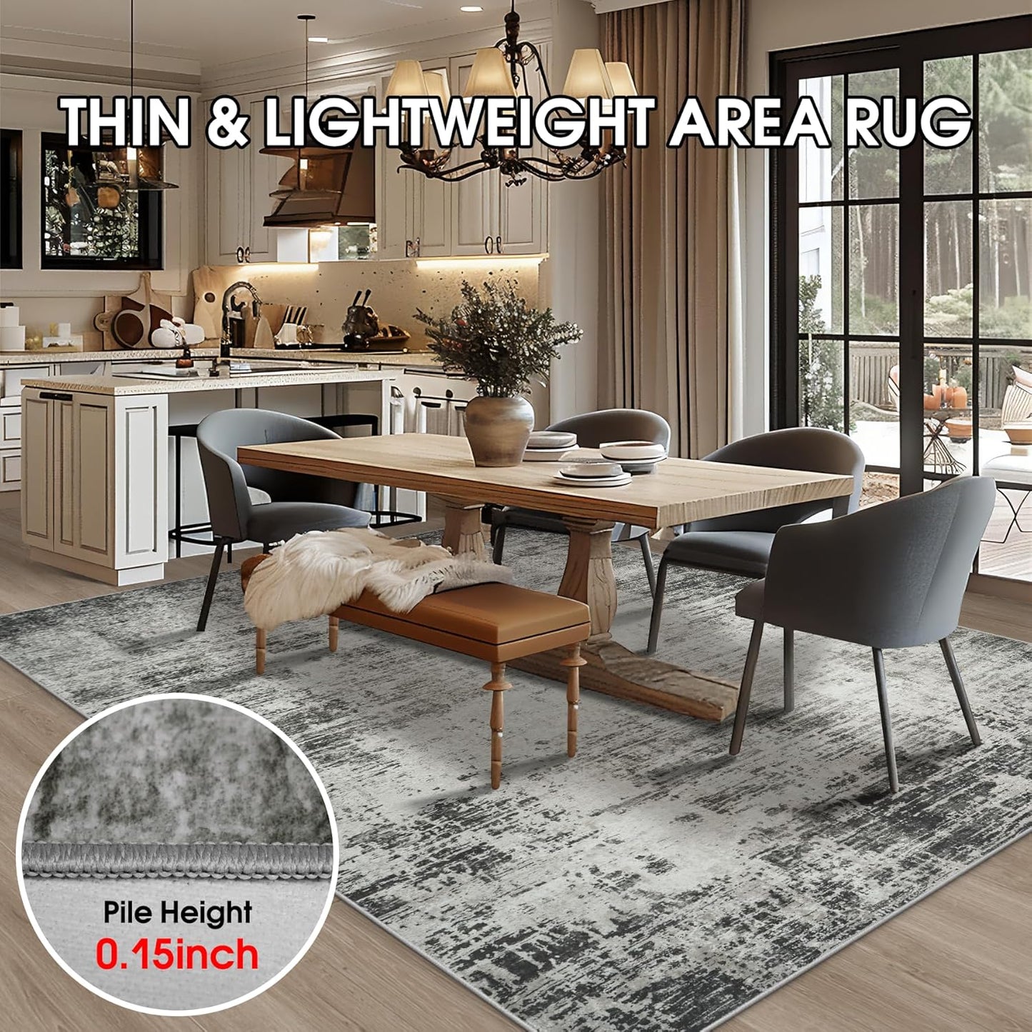 Area Rug 9x12 Washable Rugs: Abstract Large Living Room Rugs with Non-Slip Backing, Stain Resistant Indoor Floor Carpet for Bedroom Dining Room Table Nursery Hallway Home Office-Black/Gray