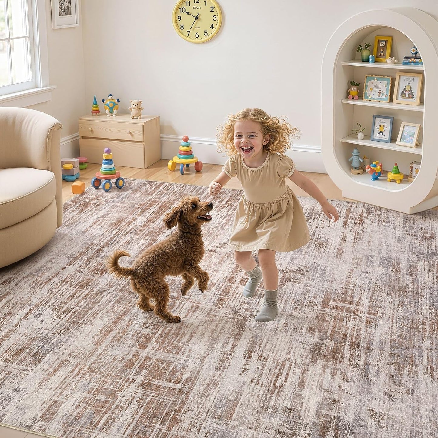 Area Rug for Living Room: 7x9 Washable Neutral Abstract Modern Soft Rugs Non Slip Indoor Floor Stain Resistant Large Carpet for Bedroom Dining Room Office Nursery - Red Brown