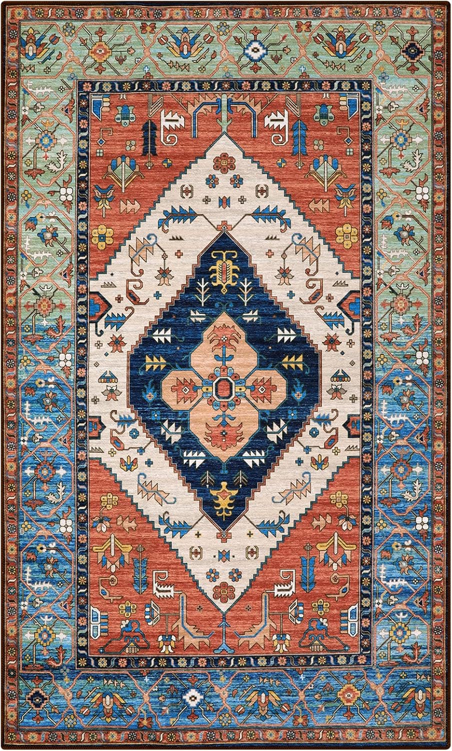 Lahome Boho 3x5 Washable Area Rugs, Small Non-Slip Bedroom Carpet Throw Low-Pile Rugs for Entryway Kitchen, Oriental Distressed Carpet for Bathroom Office Laundry Living Room, Rust