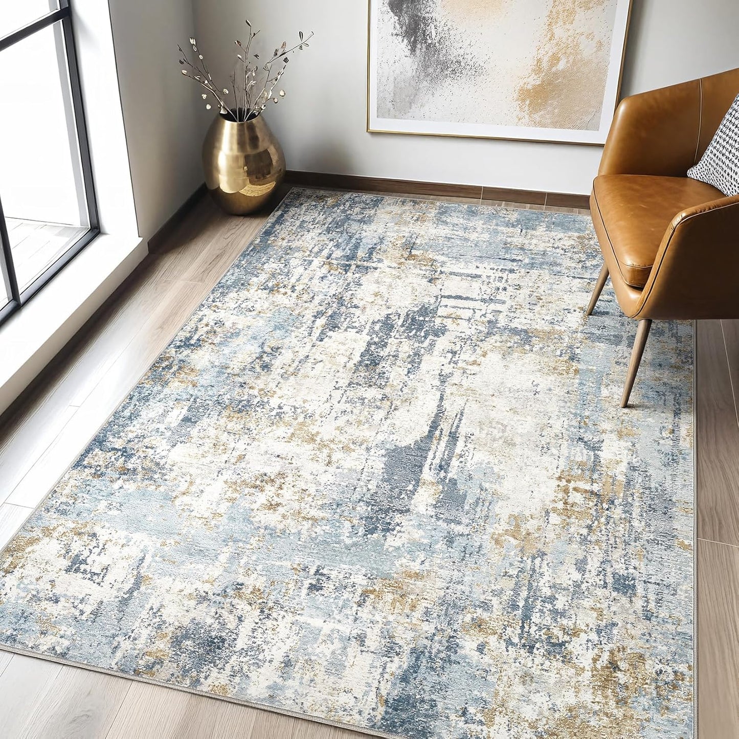 4x6 Rug Washable Area Rugs: Abstract Modern Soft Stain Resistant Indoor Floor Accent Non Slip Carpet for Living Room Entryway Kitchen Bedroom Nursery Office Bedside Home House Decor- Blue