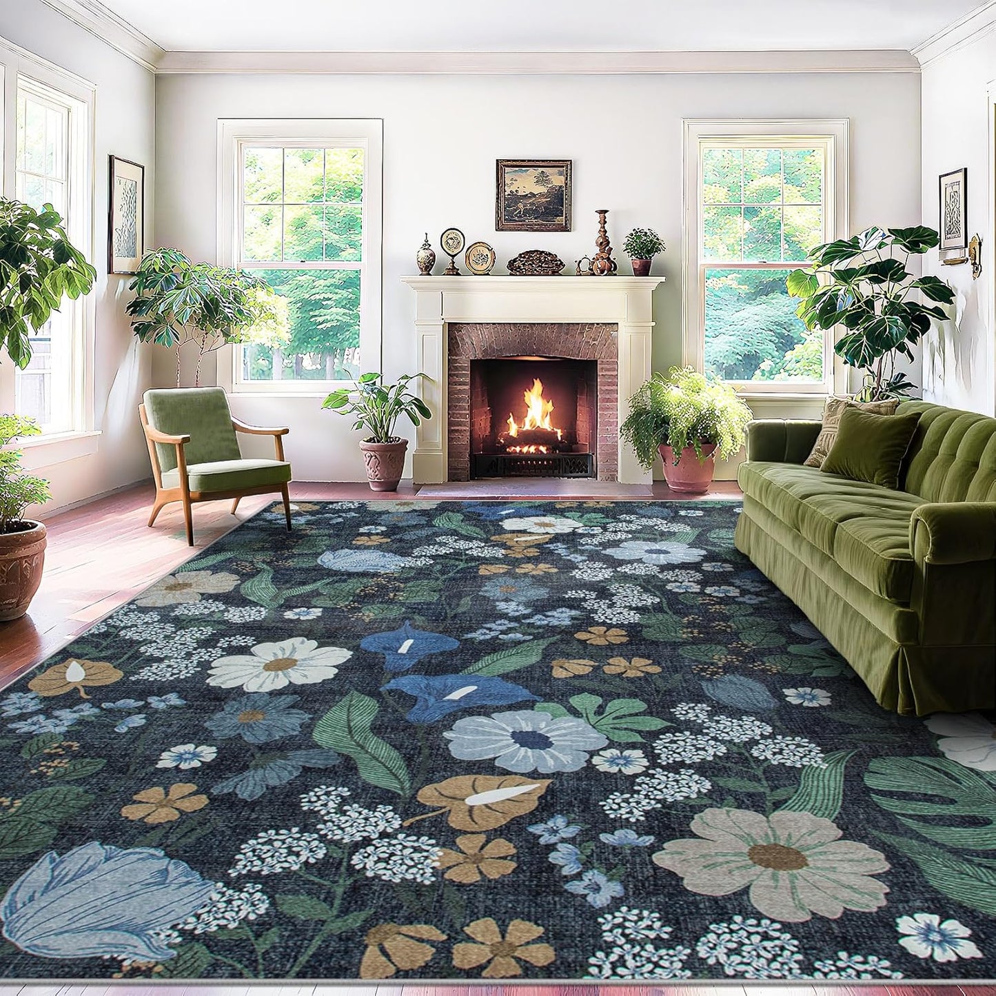 Area Rug Living Room Rugs: 5x7 Washable Rug Vintage Floral Soft Boho Non Slip Carpet Indoor Floor Non Shedding Low Pile Thin Carpets for Bedroom Dining Room Farmhouse Nursery Home Office Blue