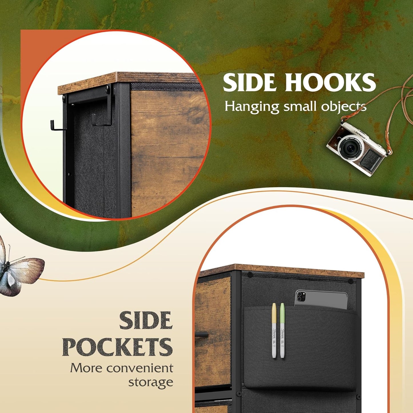 WLIVE Fabric Dresser for Bedroom with 10 Drawers, Chest of Drawers with Side Pockets and Hooks, Sturdy Metal Frame, Drawers Organizer Unit for Living Room, Hallway, Rustic Brown Wood Grain Print