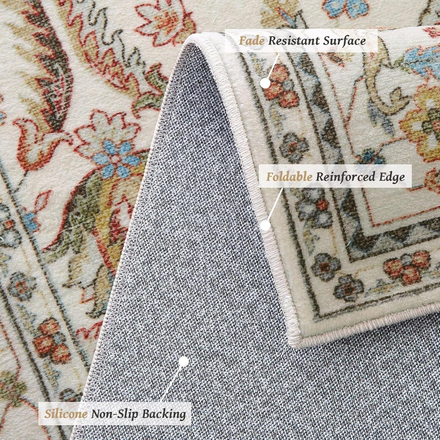 Washable 6x9 Area Rugs for Living Room, BoHo Non-slip Silicone Backing Large Rug for Bedroom Dining Room Nursery Office, 0.3" Neutral Oriental Throw Carpet with 0.16" Cushioning Pad, Light Beige/Multi