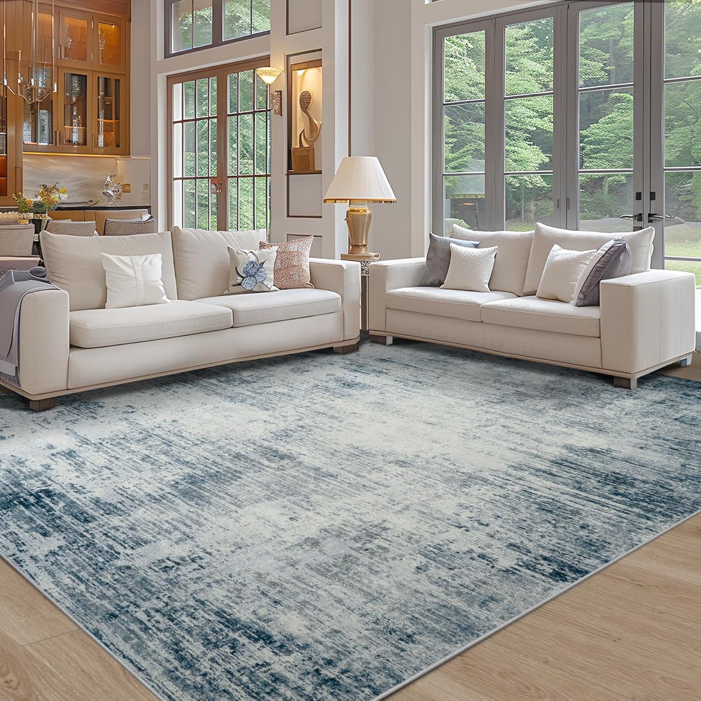 5x7 Area Rugs for Living Room Bedroom, Abstract Washable Rugs with Non-Slip Backing, Stain Resistant Indoor Floor Carpet for Dining Room Table Nursery Hallway Home Office-Blue/Ivory