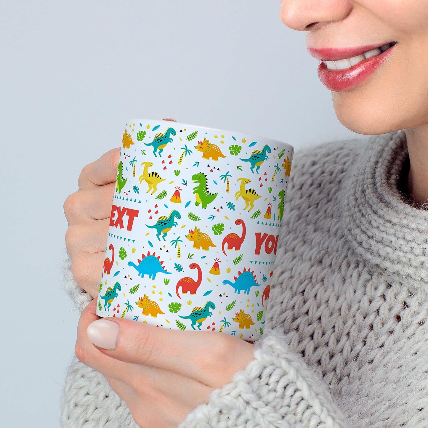 Personalized Mug for Kids - Dinosaurs - Custom Name/Text, Ceramic Hot Chocolate/Cocoa/Coffee Cup for Boys/Girls, Birthday/Christmas/Holiday Gift - 15 oz, Black Handle