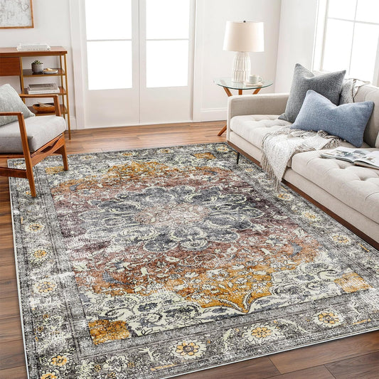 Area Rug 9x12 Washable Taupe Vintage Traditional Mat Distressed Indoor Foldable Thin Retro Accent Floral Non Slip Carpet for Living Room Dining Room Office