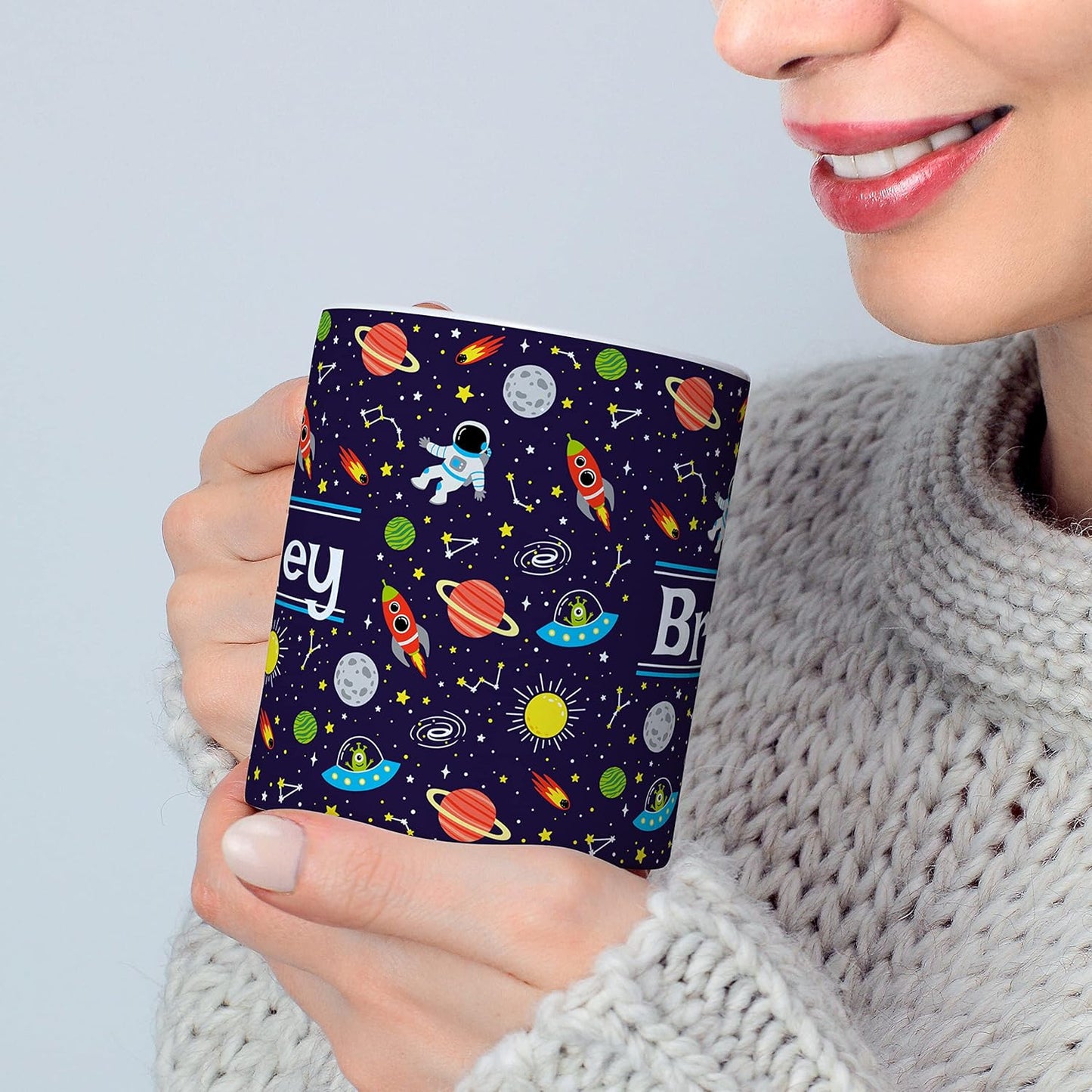 Personalized Mug for Kids - Outer Space - Custom Name/Text, Ceramic Hot Chocolate/Cocoa/Coffee Cup for Boys/Girls, Birthday/Christmas/Holiday Gift - 15 oz, White Handle