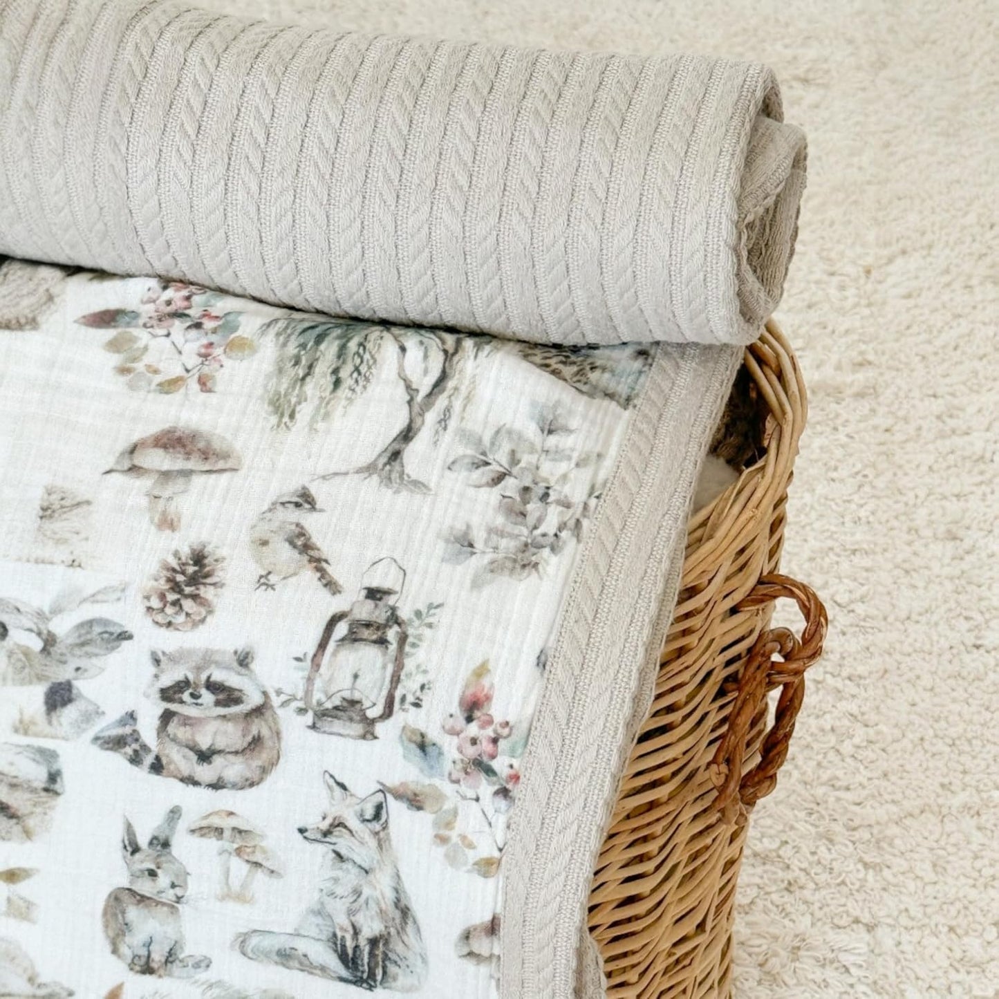 Personalized Baby Blanket with Name – Handmade 100% Organic Cotton Newborn Gift | Custom Knit Blanket for Boys, Girls, Kids & Baby Showers (Stone Beige/Critter Crew)