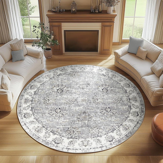 jinchan Round Rug 7ft Area Rugs - Vintage Floral Distressed Design Machine Washable Non-Slip Low-Pile Ultra-Thin Circle Rug for Living Room Dining Room Bedroom Home Office Farmhouse (7' Round,Grey)