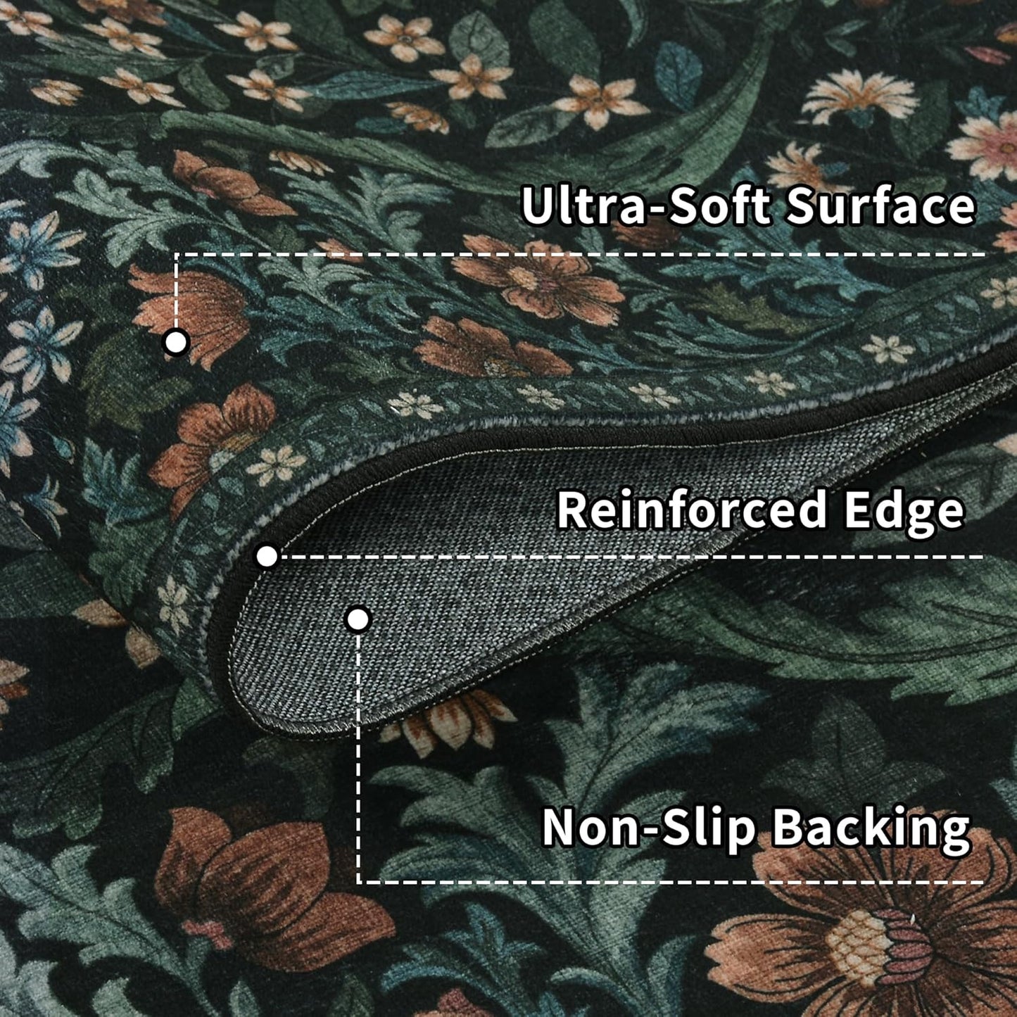 9x12 Black Vintage Floral Area Rug,Washable Large Boho Living Room Rugs,Botanical Print Non-Slip Stain Resistant Lightweight Carpet for Bedroom Dining Room Nursery