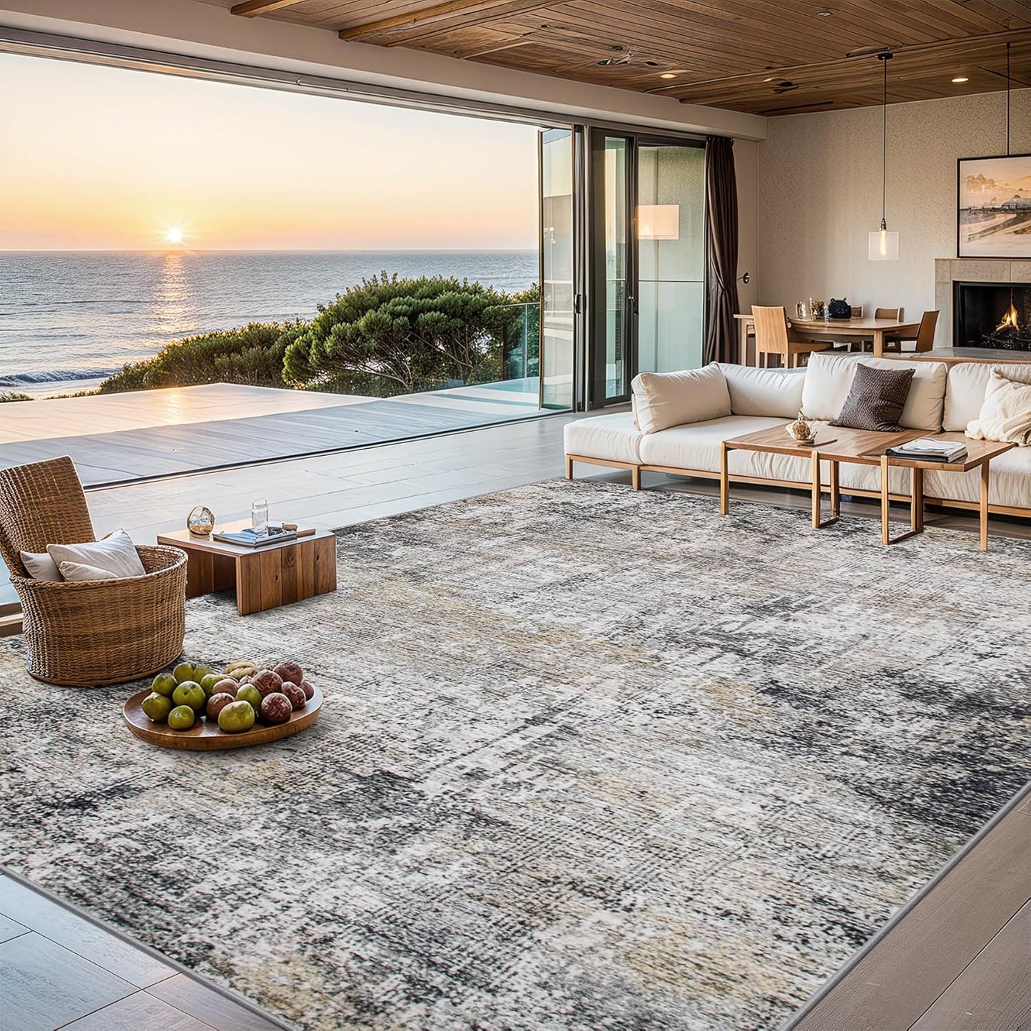 8x10 Area Rugs for Living Room - Washable Rug Modern Abstract Soft Large Neutral Non-Slip Carpet Indoor Floor Thin Carpets for Bedroom Dining Room Farmhouse Nursery Home Office Brown Black Grey