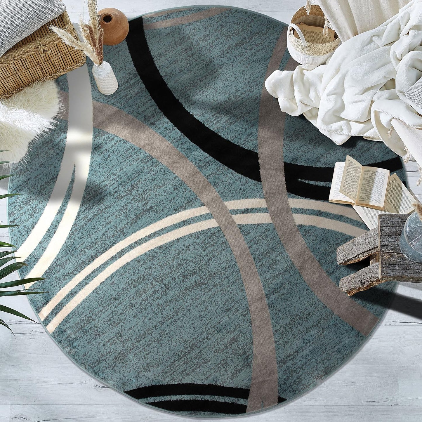 Rugshop Modern Wavy Circles Design Round Area Rug 8' Blue