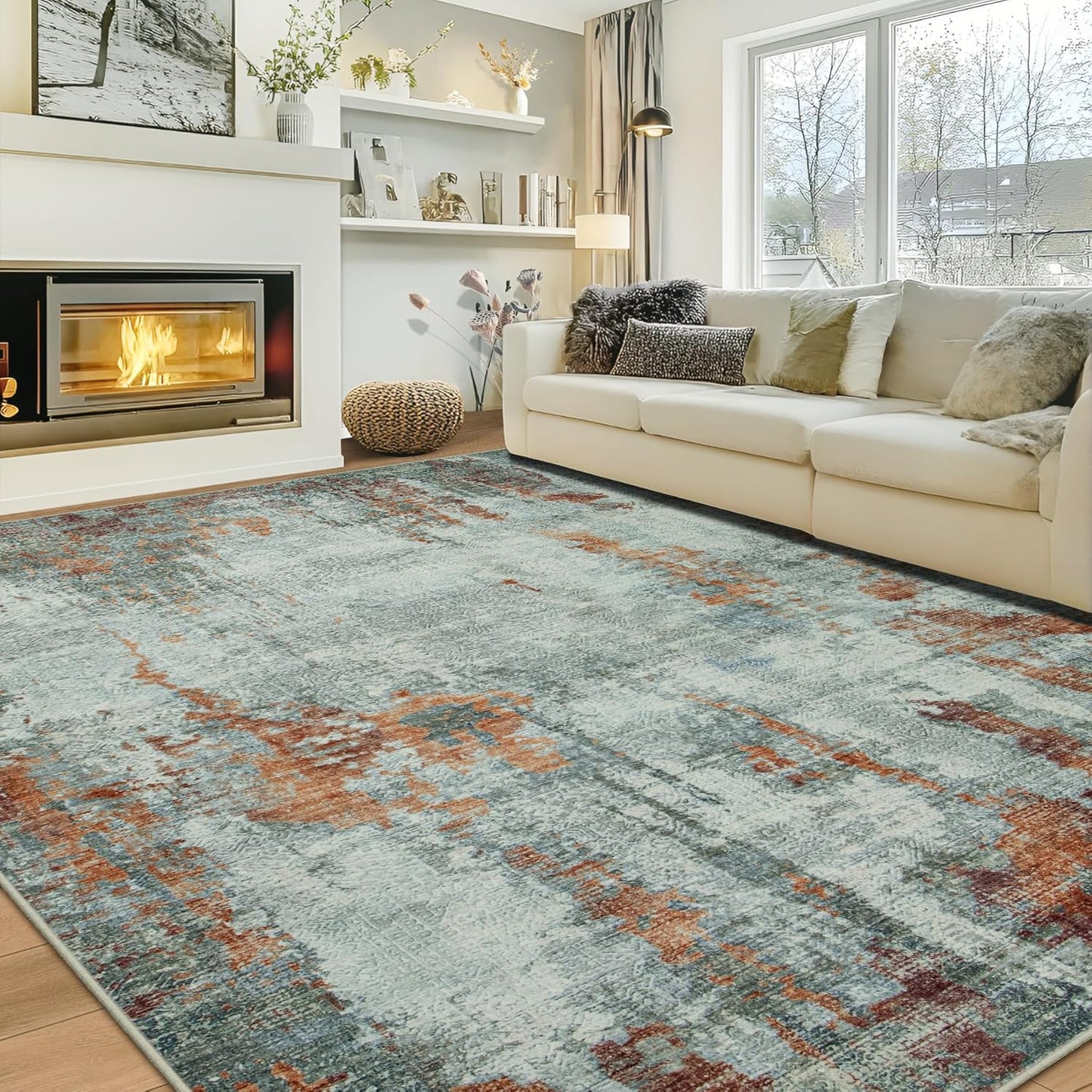 10x14 Area Rugs Large Living Room Rug Washable: Modern Abstract Rug Indoor Modern Carpet Non Slip for Dining Room Bedroom Nursery Home Office Red Brown