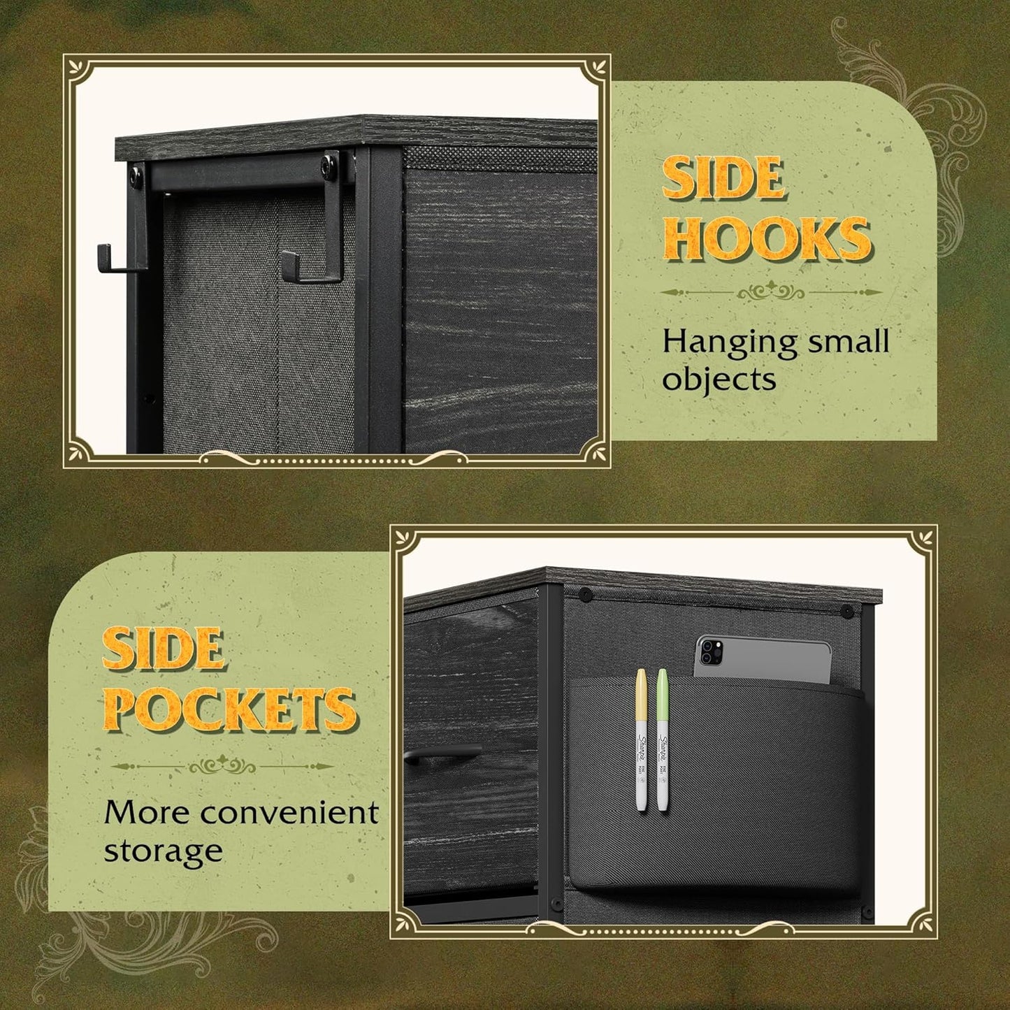 WLIVE Dresser for Bedroom with 10 Drawers, Fabric Dresser Chest of Drawers with Side Pockets and Hooks, Sturdy Metal Frame, Drawers Organizer Unit for Room, Hallway, Charcoal Black Wood Grain Print