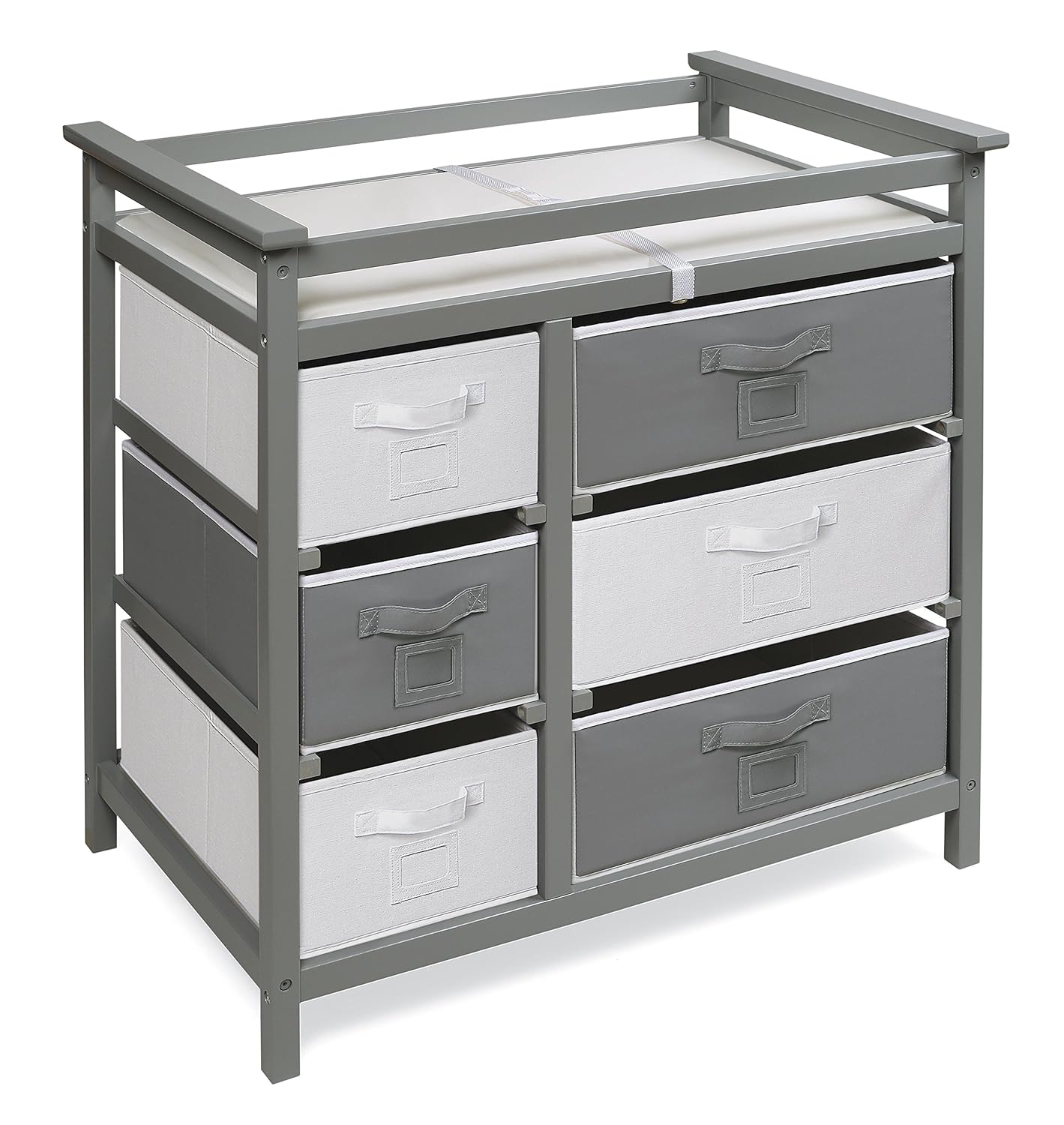 Badger Basket Modern Baby Changing Table - Diaper Station Organizer with 6 Storage Drawers, Reversible Baskets, Safety Rails - Baby Nursery Furniture with Changing Pad and Belt - Gray