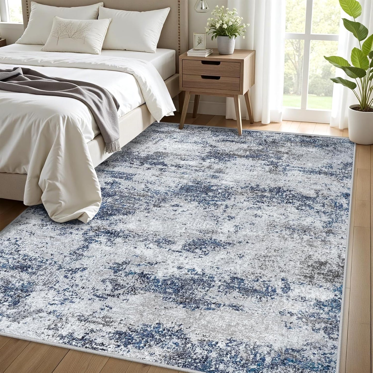 Washable Rug 6x9 Area Rugs: Abstract Washable Rugs with Non-Slip Backing, Stain Resistant Indoor Floor Carpet for Bedroom Dining Room Table Nursery Hallway Home Office Blue/Gray/Black