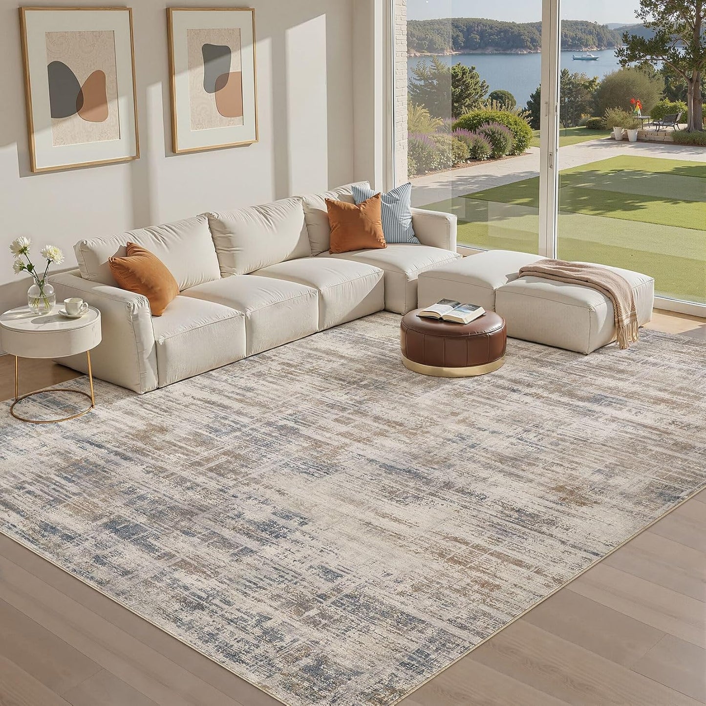 Area Rug for Living Room: 7x9 Washable Neutral Abstract Modern Soft Rugs Non Slip Indoor Floor Stain Resistant Large Carpet for Bedroom Dining Room Office Nursery - Brown