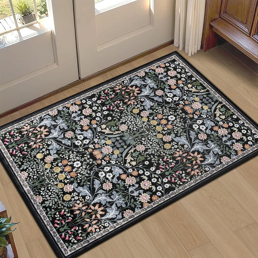 Entryway Rug 2X3 Small Rugs: Floral Washable Door Mat Vintage Soft Low Pile Non-Slip Kitchen Rugs Stain Resistant Indoor Throw Rug for Entrance, Bedroom, Kitchen, Laundry, Bathroom Dark Black