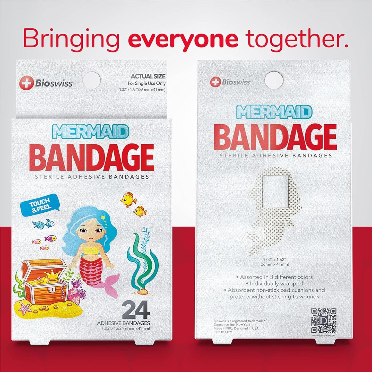 BioSwiss Bandages, Mermaid Shaped Self Adhesive Bandage, Latex Free Sterile Wound Care, Fun First Aid Kit Supplies for Kids, 24 Count