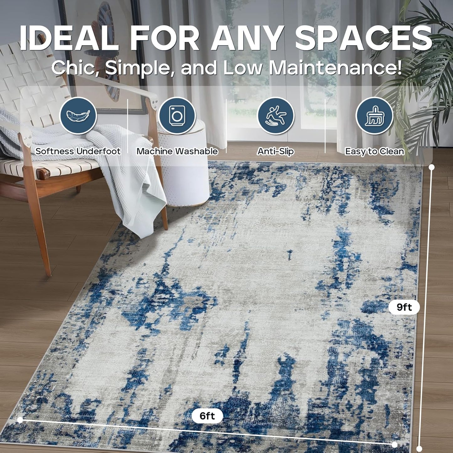 6x9 Area Rugs for Living Room Rug Washable: Modern Rug for Dining Room Bedroom Carpet Non Slip Low Pile 6 by 9 Indoor Abstract Nursery Home Office Blue White